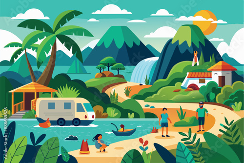 People enjoy various ecotourism activities in a vibrant tropical setting with mountains and a waterfall, Ecotourism Customizable Cartoon Illustration