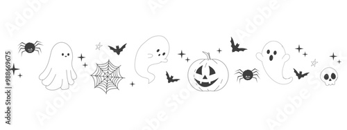 Cute halloween border, line ghost, pumpkin and silhouette bat, spider autumn decoration, Divider frame. Simple greeting.