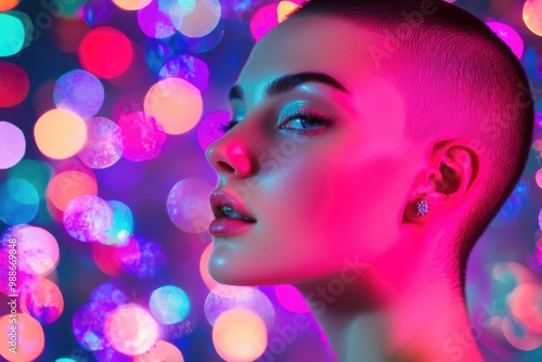 Beautiful young woman with a shaved head in neon light, with colorful lights.