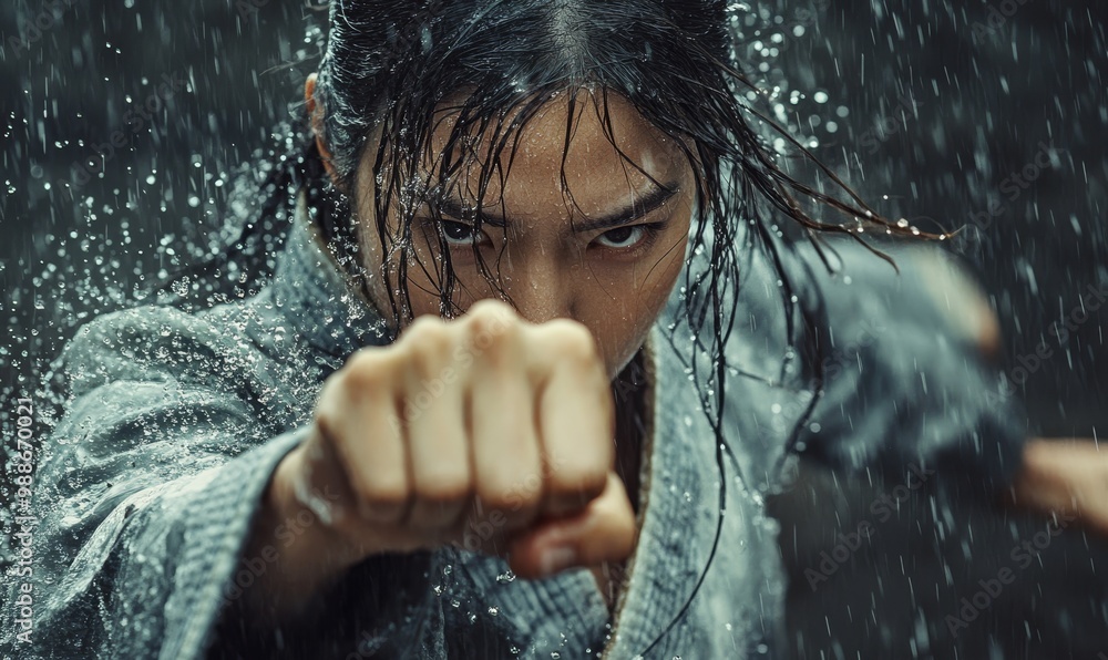 Fototapeta premium Woman in rain, fist clenched, determined look.
