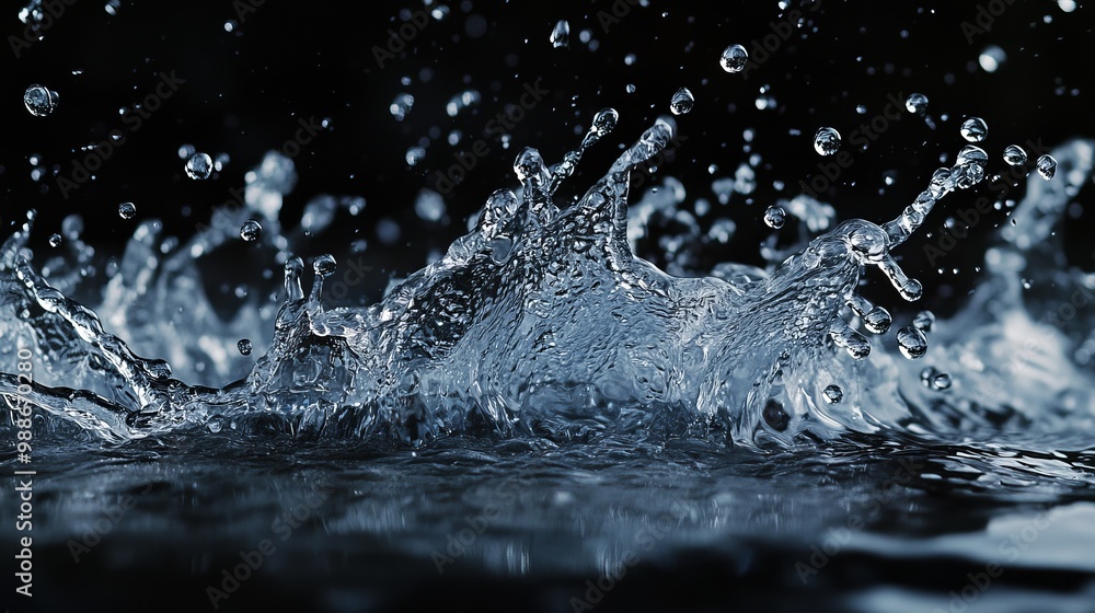 A photo captures water splashing against a dark background. The picture shows the water's fast movement and energy, with clear drops of water. A photo captures water splashing against a dark background. The picture shows the water's fast movement and energy, with clear drops of water.