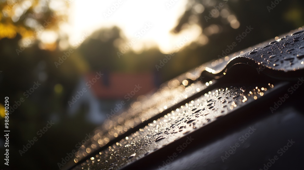Roof Detail: Shingled Black Roof with Raindrops Under Sunlight Roof Detail: Shingled Black Roof with Raindrops Under Sunlight