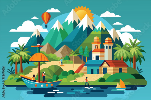 Discover a vibrant landscape featuring mountains, a boat, and palm trees in a unique ecotourism setting, Ecotourism Customizable Flat Illustration
