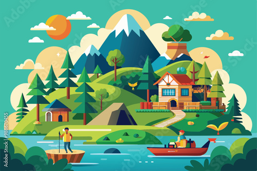 Enjoy diverse ecotourism options, from hiking to boating, in a lush mountain environment, Ecotourism Customizable Flat Illustration