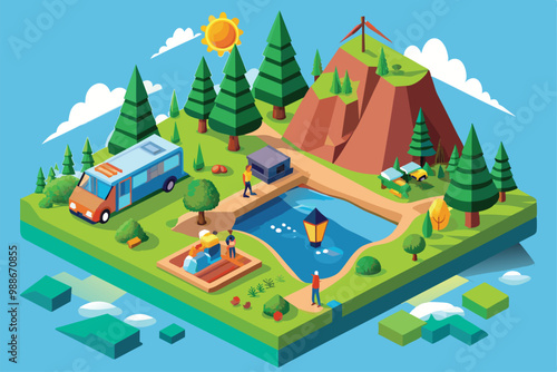 Discover various ecotourism activities in a colorful isometric illustration of a natural landscape, Ecotourism Customizable Isometric Illustration