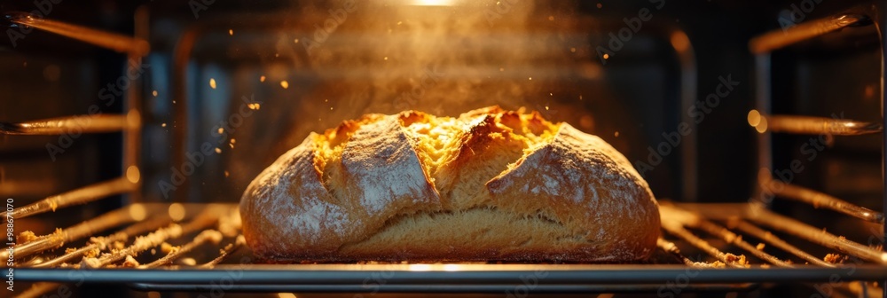 A beautifully golden brown loaf of artisan bread is baking to perfection in the warm oven A beautifully golden brown loaf of artisan bread is baking to perfection in the warm oven