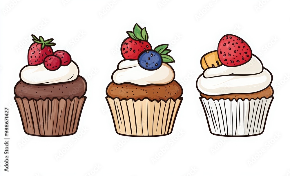 Line art vector illustration of three cupcakes with different decorations: one with chocolate and fruit on top, one vanilla cupcake with cream cheese frosting, and the other with fruits and berries. Line art vector illustration of three cupcakes with different decorations: one with chocolate and fruit on top, one vanilla cupcake with cream cheese frosting, and the other with fruits and berries.