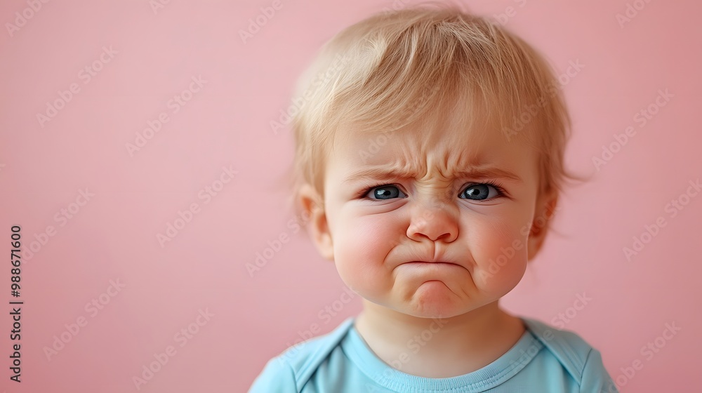 Grumpy baby boy with scrunched face wearing a blue shirt against a pink background Grumpy baby boy with scrunched face wearing a blue shirt against a pink background
