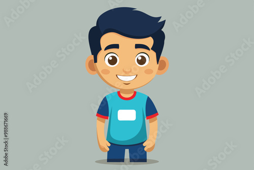 A happy cartoon boy shows a customizable shirt design, smiling in a bright and cheerful environment, Editing body text Customizable Cartoon Illustration