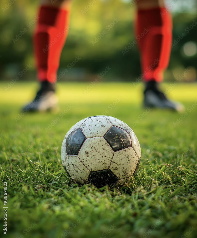 Obraz premium Close-up of a soccer ball on grass with player in the background