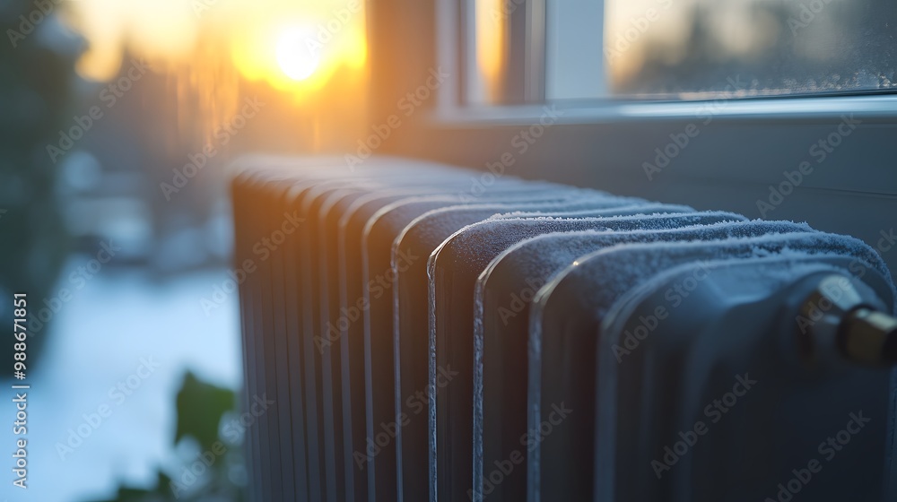 Closeup of a modern radiator with frost during a winter sunrise, home heating system Closeup of a modern radiator with frost during a winter sunrise, home heating system