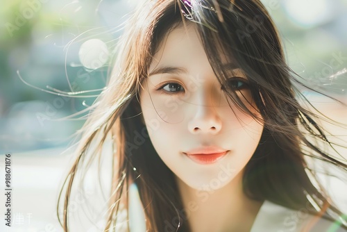 Beautiful Asian Woman with Windblown Hair Looking at the Camera