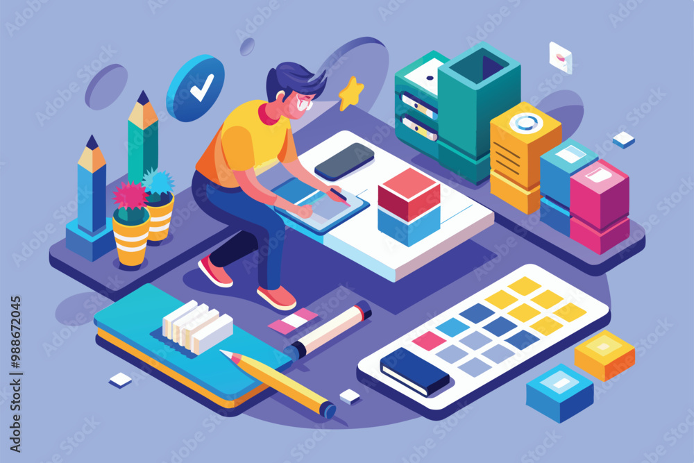 A creative person actively customizes body text within a vibrant workspace filled with various supplies, Editing body text Customizable Isometric Illustration A creative person actively customizes body text within a vibrant workspace filled with various supplies, Editing body text Customizable Isometric Illustration
