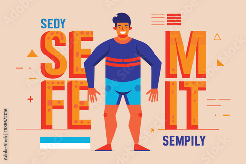 A joyful character stands with arms outstretched among vibrant text and shapes in a playful setup, Editing body text Customizable Semi Flat Illustration