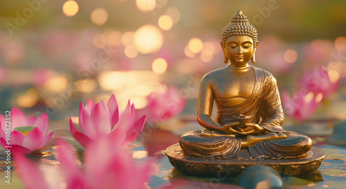 A golden Buddha statue with lotus flowers in the background, blurred background, halo effect, golden particles, and glittering effects