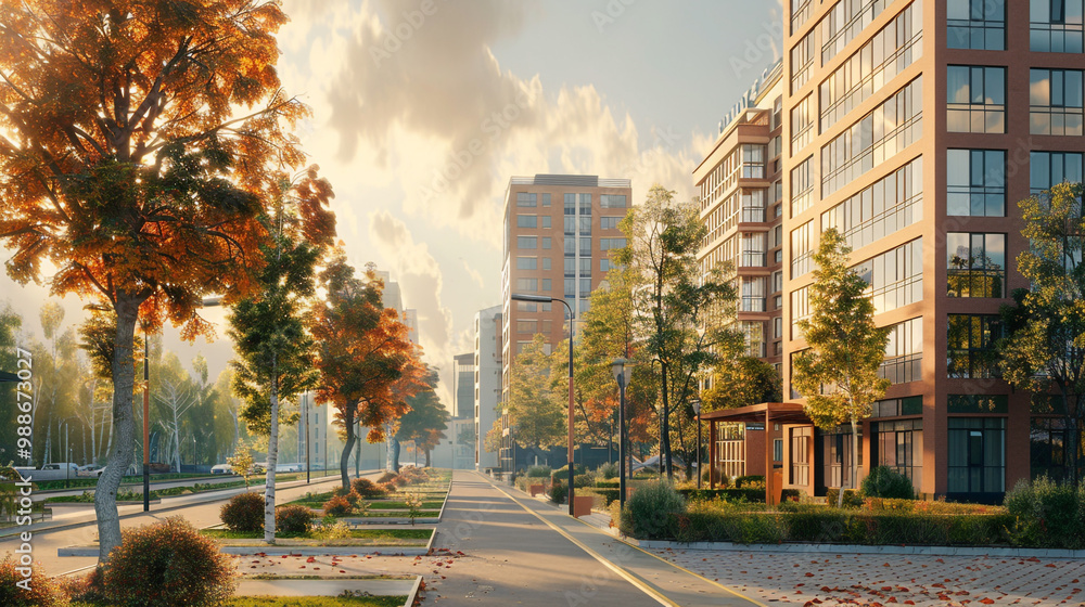 Office building in a new residential area. 3d render resident area illustration Office building in a new residential area. 3d render resident area illustration