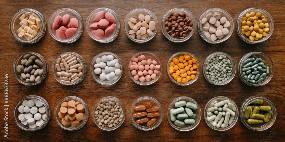 Neatly arranged jars of vitamins and supplements, showing a wide range of colorful pills and capsules on a wooden table under natural light. Neatly arranged jars of vitamins and supplements, showing a wide range of colorful pills and capsules on a wooden table under natural light.