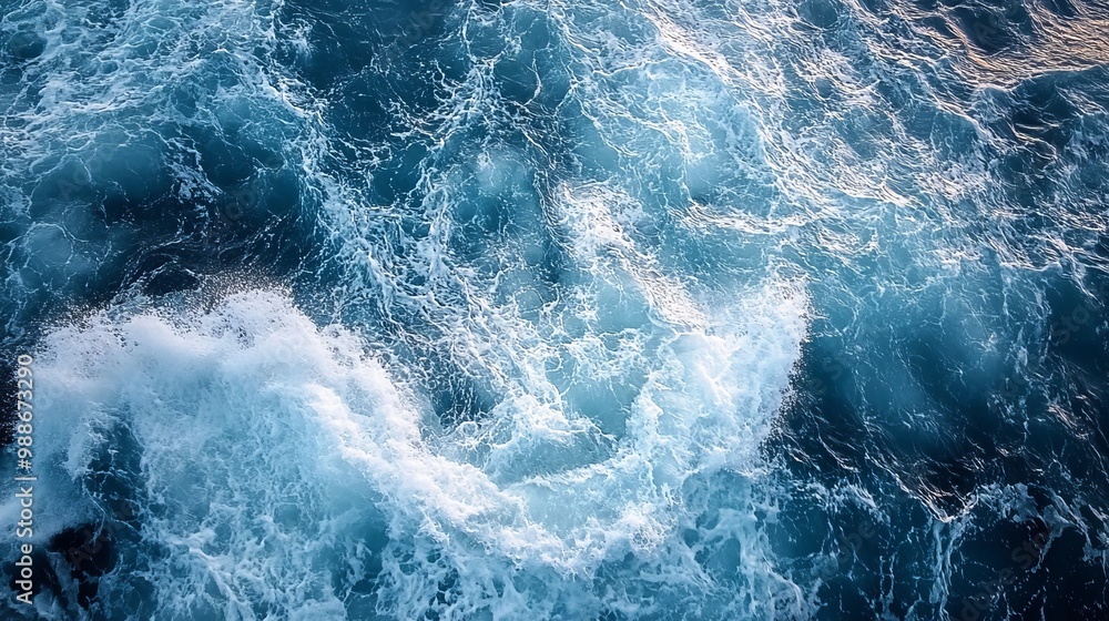 The ocean waves are crashing, creating foamy white crests. The water is turbulent, not calm. The ocean waves are crashing, creating foamy white crests. The water is turbulent, not calm.