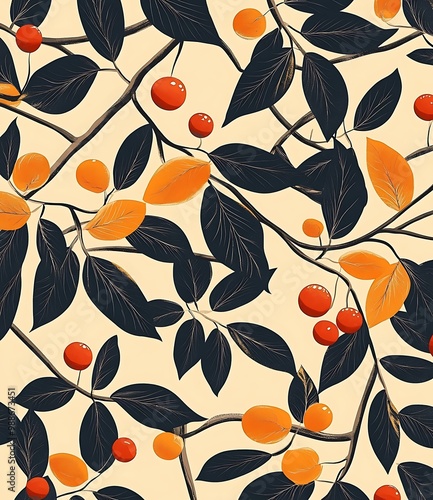 Autumn Leaves and Berries Seamless Pattern