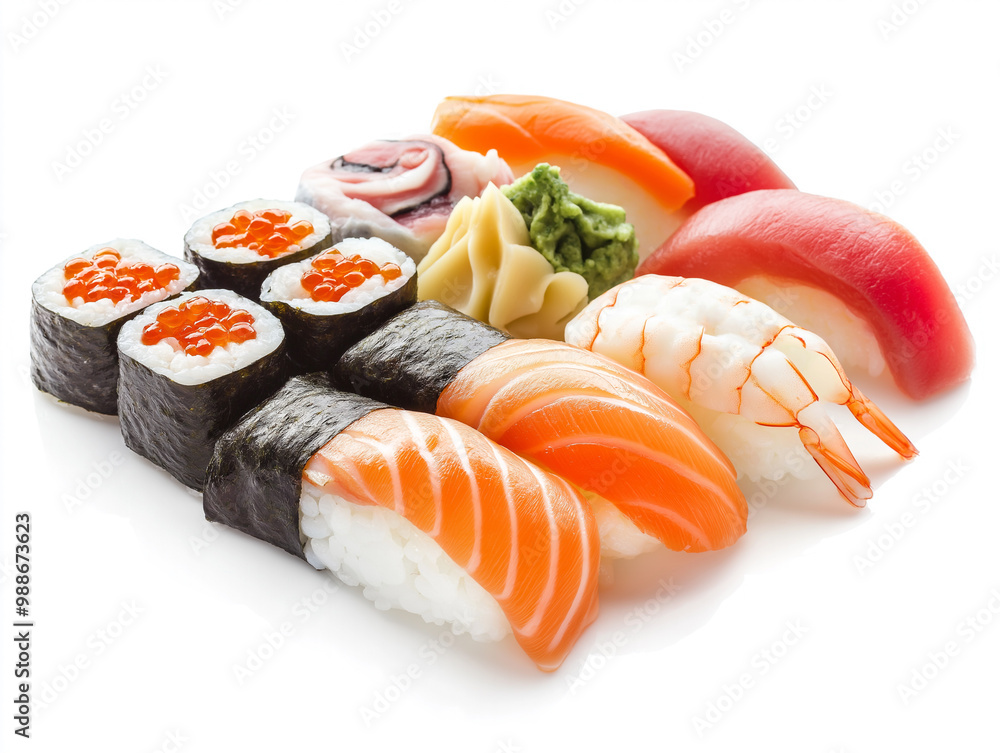 Delicious, colorful sushi on a white background. Generative AI Delicious, colorful sushi on a white background. Generative AI