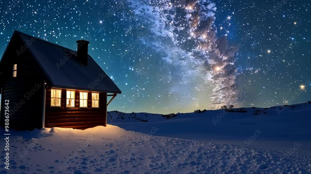 Cozy wooden cabin is emanating a warm glow on a cold winter night, with the milky way illuminating the snow covered landscape Cozy wooden cabin is emanating a warm glow on a cold winter night, with the milky way illuminating the snow covered landscape