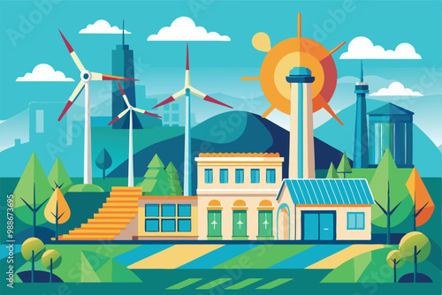 A colorful turbine station showcases renewable energy alongside urban buildings and sunny skies, Educational poster or banner with turbine station for generating electricity,