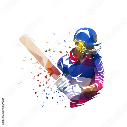 Cricket player, batsman, isolated low poly vector illustration