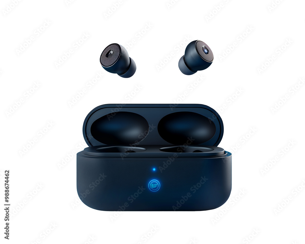 A modern and stylish wireless earphone case in matte black that opens slightly to reveal the earphones inside. isolated on Transform Background. A modern and stylish wireless earphone case in matte black that opens slightly to reveal the earphones inside. isolated on Transform Background.