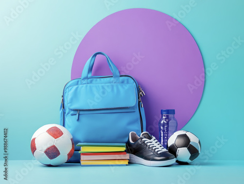 Sports Gear and School Supplies on Colorful Background photo