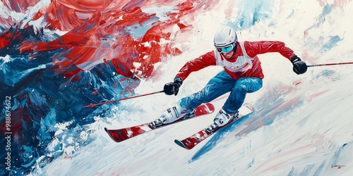 Olympic Skier in Action During High-Speed Downhill with Bold Red and Blue Brushstrokes Capturing Intensity