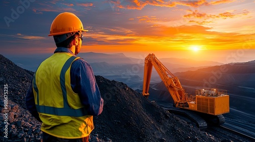 Mining engineer viewing the sunrise over an expansive coal mine photo