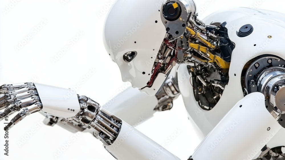 Humanoid Robot in Thoughtful Pose with Exposed Mechanical Components Humanoid Robot in Thoughtful Pose with Exposed Mechanical Components
