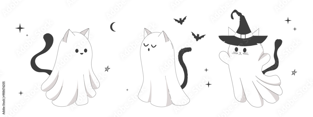 Set Halloween ghost cats with witch hat, cute doodle characters in costumes cute spooky decoration, line. Bat, stars, moon elements. Animal with black tail. Set Halloween ghost cats with witch hat, cute doodle characters in costumes cute spooky decoration, line. Bat, stars, moon elements. Animal with black tail.