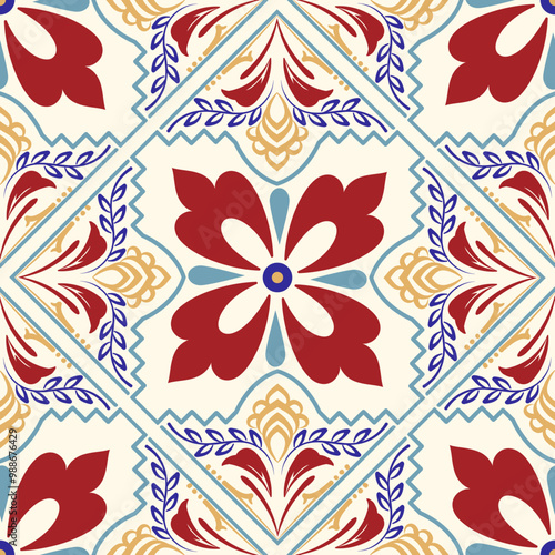 ceramic tiles in turkish style. Seamless colorful patchwork from Azulejo tiles. Portuguese and Spain decor. Islam, Arabic, Indian, Ottoman motif. Flat vector background.