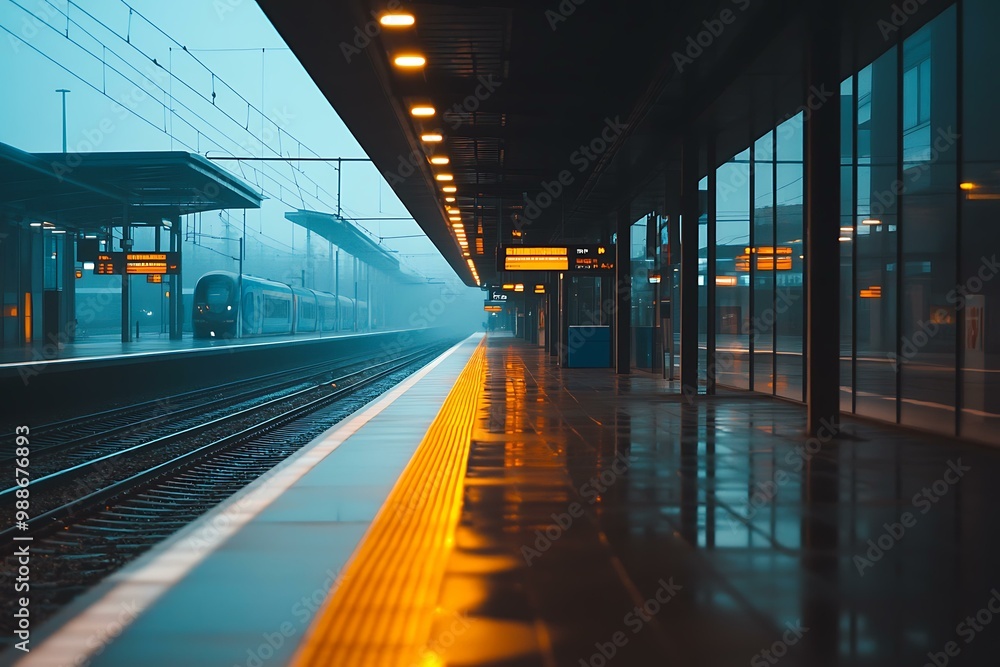 Fototapeta premium Empty Train Station Platform in the Rain