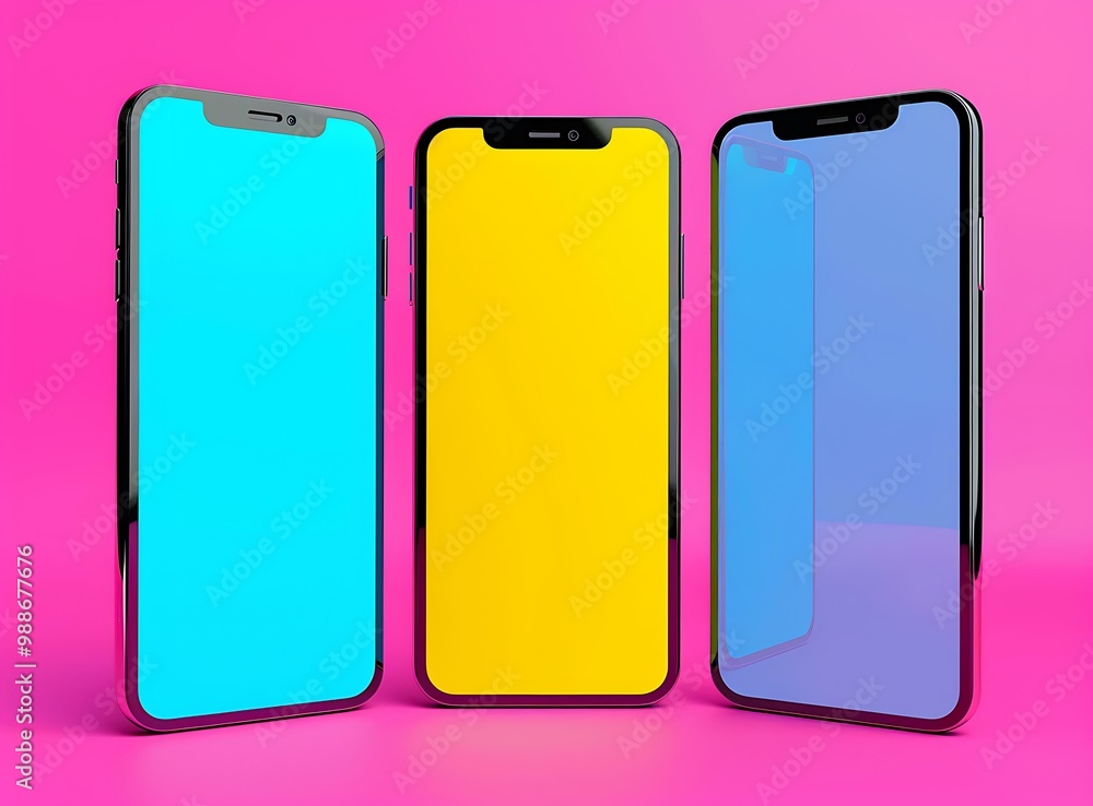 Three Smartphones with Colorful Screens on Pink Background Three Smartphones with Colorful Screens on Pink Background