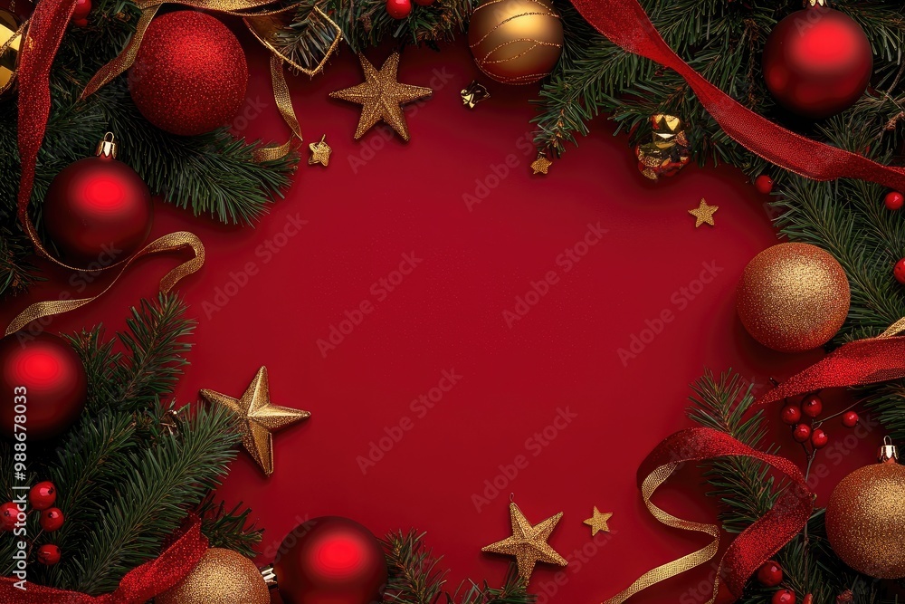 Red and Gold Christmas Ornaments with Pine Branches on a Red Background Red and Gold Christmas Ornaments with Pine Branches on a Red Background