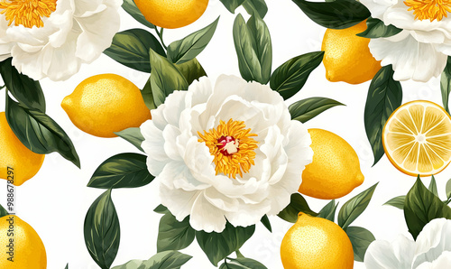 peony flower and fresh lemon on a yellow background