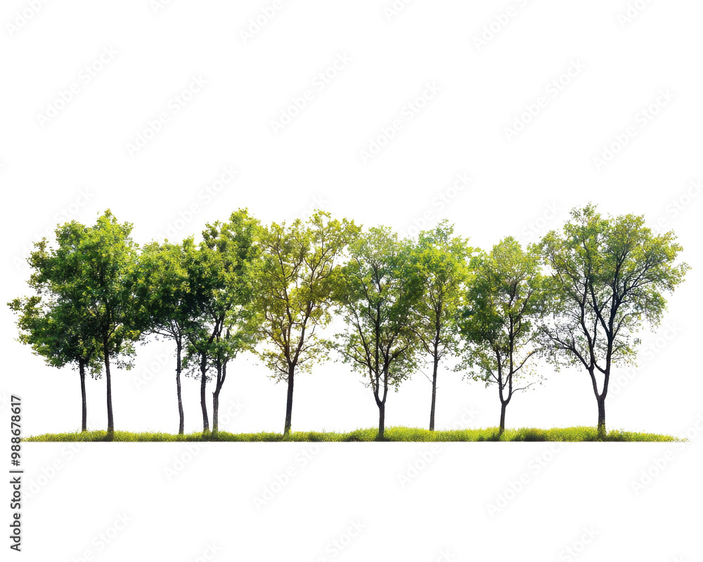 Obraz premium Various trees with lush green foliage on a white isolated background. transparent background