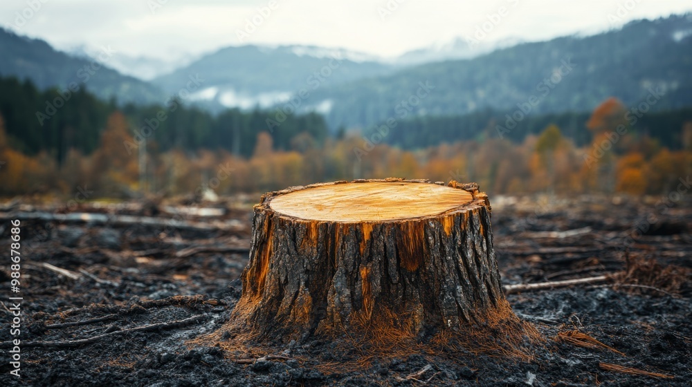 A beautiful, serene landscape showcasing a tree stump in the foreground, surrounded by mountains and autumn foliage. A beautiful, serene landscape showcasing a tree stump in the foreground, surrounded by mountains and autumn foliage.