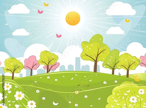 Springtime Landscape with Sun and Birds