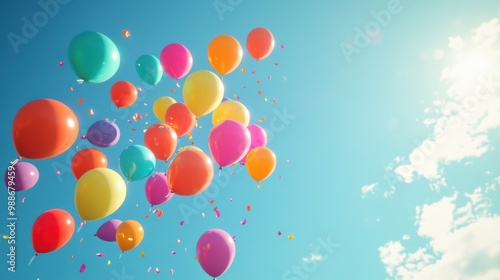 A vibrant collection of colorful balloons floating against a clear blue sky, symbolizing celebration and joy.