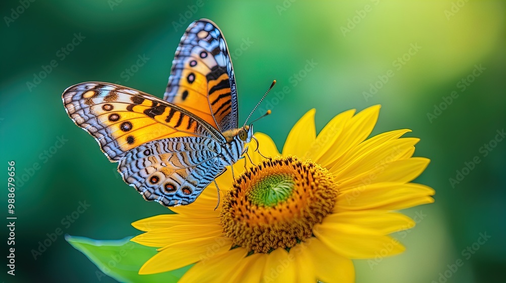 Obraz premium Vibrant Butterfly on Sunflower: Stunning Close-Up Image Perfect for Nature-Inspired Wall Art or Eye-Catching Posters in Home, Office, or Sportive Interiors!