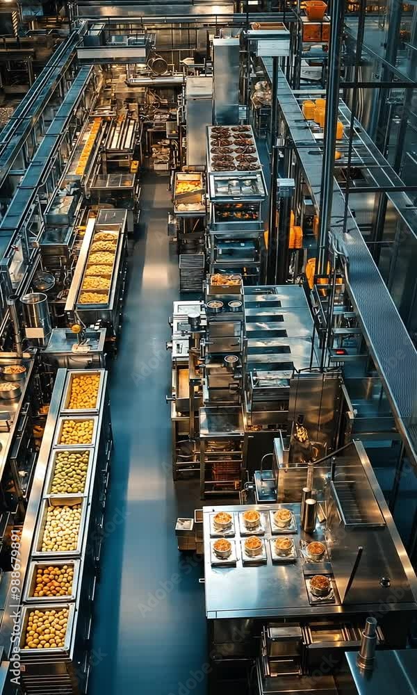 An aerial photograph displaying production lines full of ready-to-eat food products from a pristine, contemporary food processing plant An aerial photograph displaying production lines full of ready-to-eat food products from a pristine, contemporary food processing plant