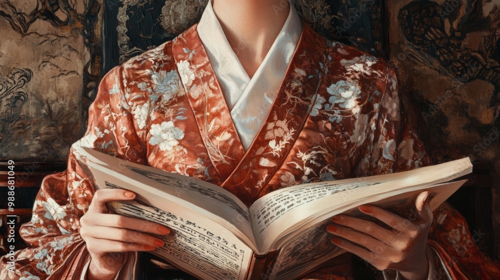 Naklejka premium Elegant Chinese Woman Reading in Traditional Attire