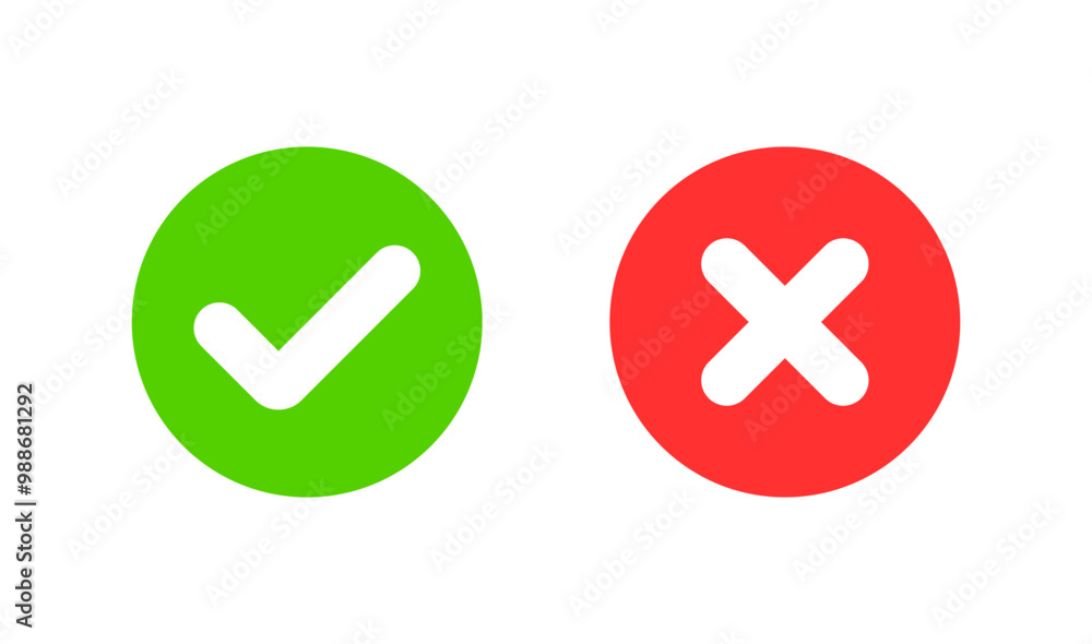 A simple icon set featuring two bold symbols a green circle with a white checkmark and a red circle with a white cross, error or rejection. A simple icon set featuring two bold symbols a green circle with a white checkmark and a red circle with a white cross, error or rejection.
