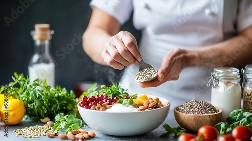 Wallpaper Mural Senior woman mixing nuts and seeds into a healthy yogurt bowl, colorful and fresh, highprotein diet, senior wellness Torontodigital.ca