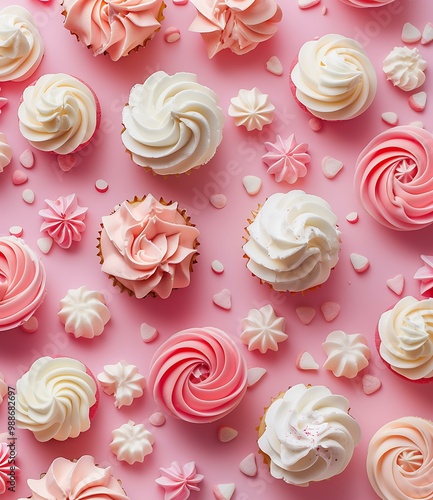 Pink and White Cupcakes with Sprinkles and Meringue