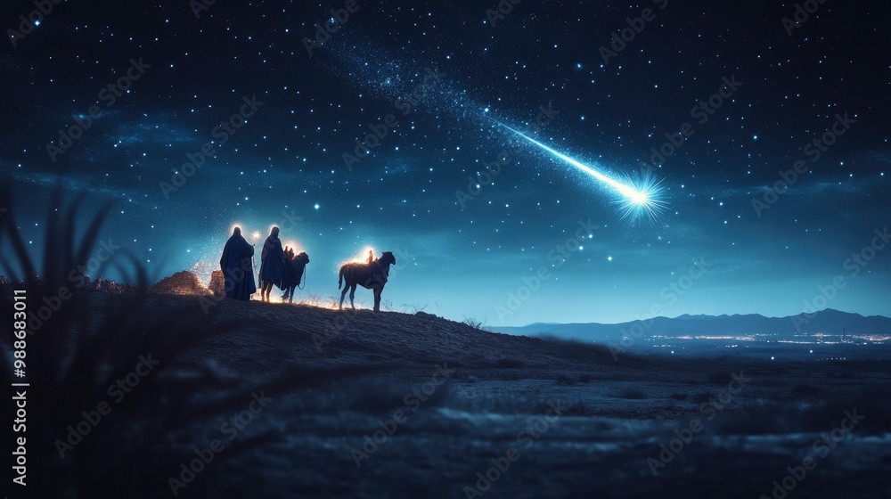 Nativity Of Jesus Christ - Comet Star And Stable - Scene With The Holy Family In Desert At Night - Abstract Defocused Background with generative ai Nativity Of Jesus Christ - Comet Star And Stable - Scene With The Holy Family In Desert At Night - Abstract Defocused Background with generative ai
