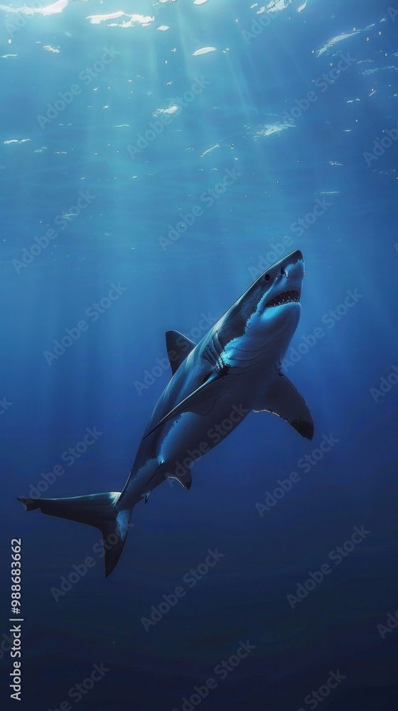 Fototapeta premium Majestic Shark Swimming in the Deep Blue Sea. Underwater Wildlife Concept